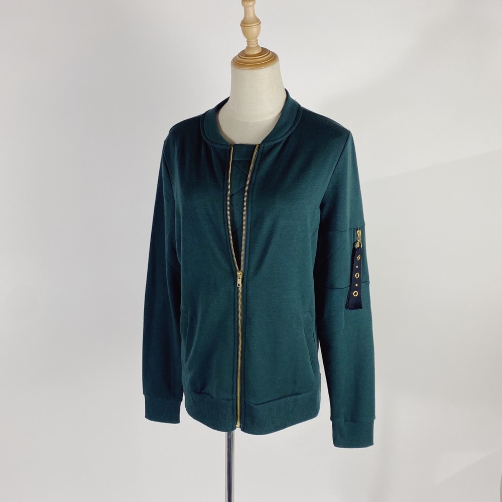 C&C CALIFORNIA Zip Front Bomber Style Crewneck Sweatshirt Dark Green Womens Med